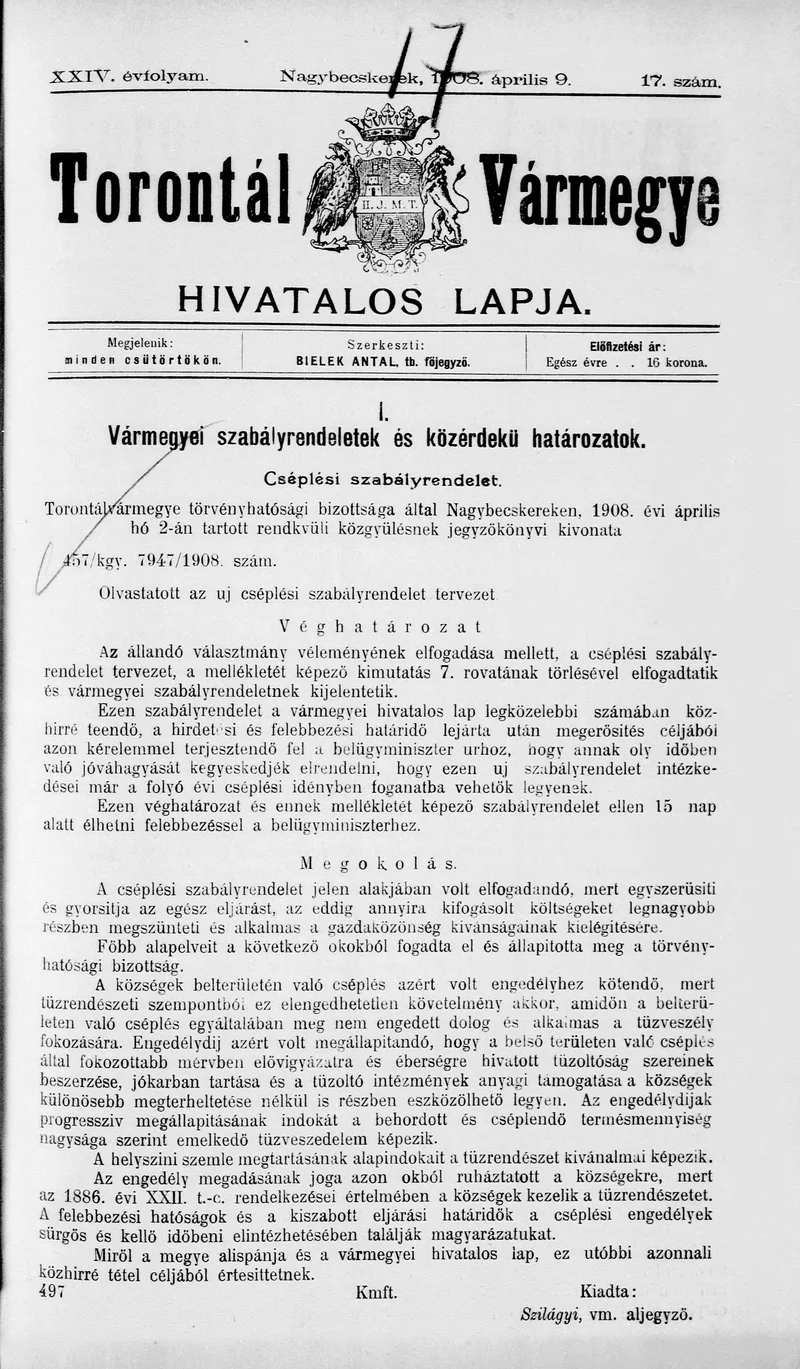 Torontál Vármegye Hivatalos Lapja, 24. évf. 1908. április 9. 17. sz.