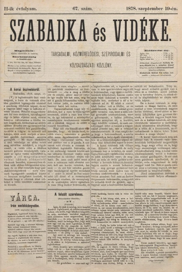 Szabadka és vidéke, 2. évf. 1878. szeptember 19. 67. sz.
