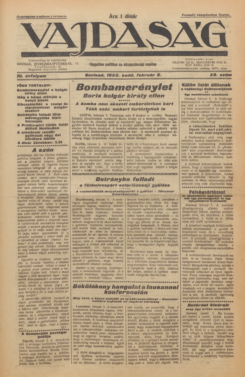 Vajdaság, 3. évf. 1923. február 6. 29. sz.