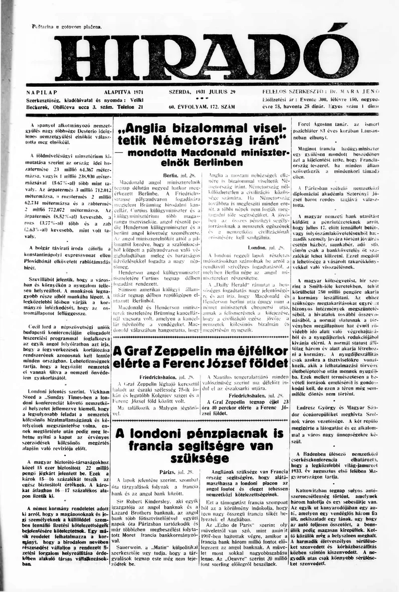 Híradó, 60. évf. 1931. július 29. 172. sz.