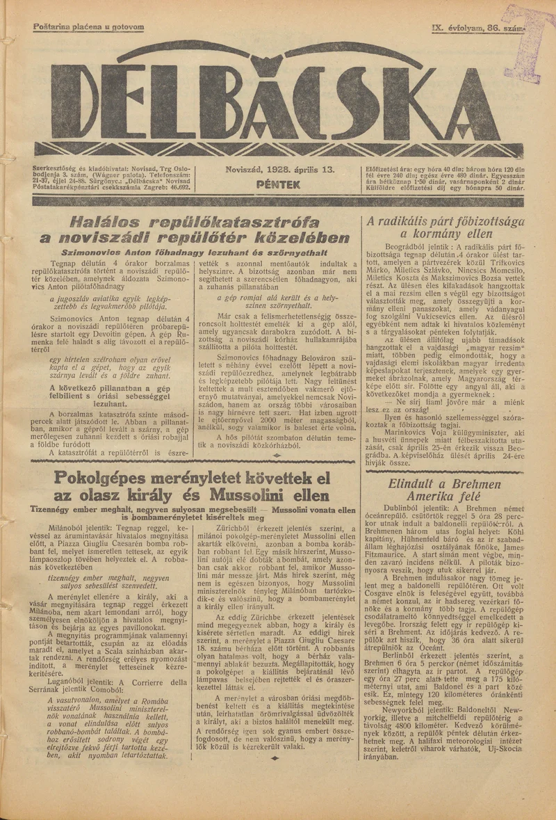 Délbácska, 9. évf. 1928. április 13. 86. sz.