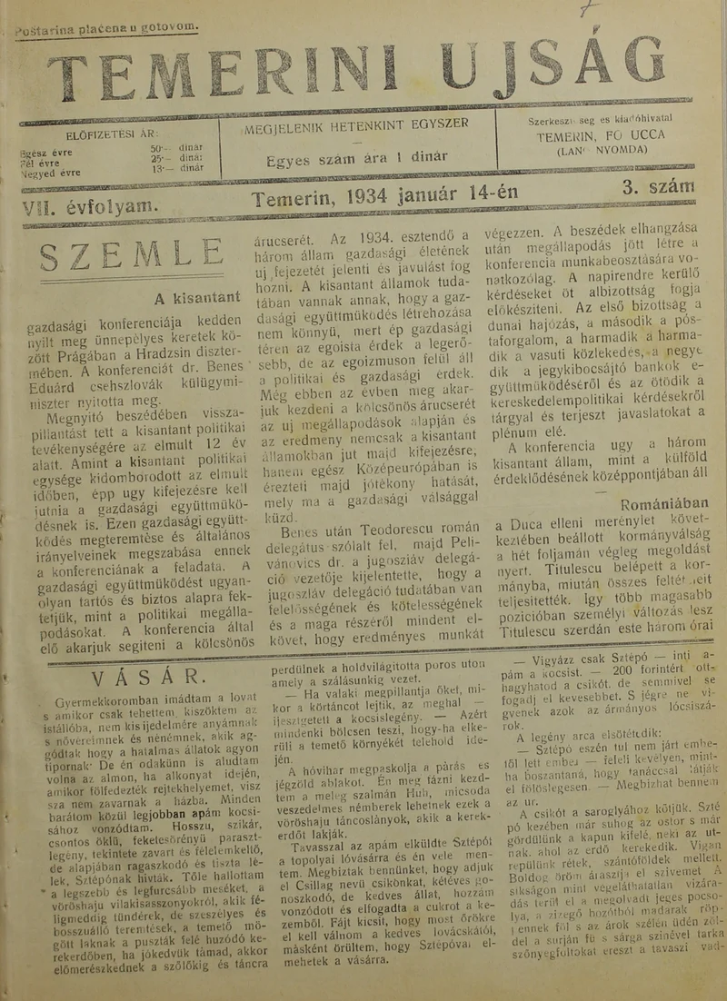 Temerini Újság 1928-1944, 7. évf. 1934. január 14. 3. sz.