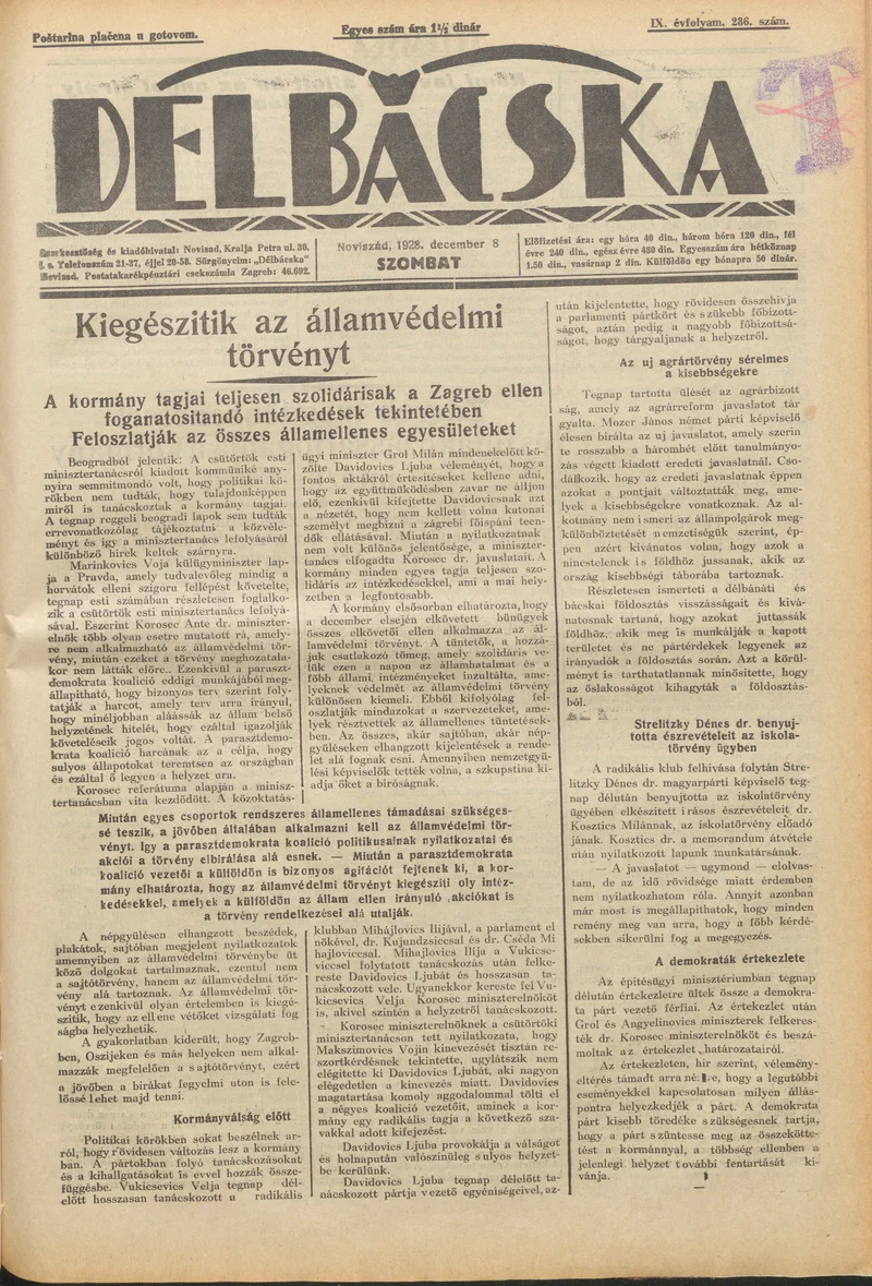 Délbácska, 9. évf. 1928. december 8. 286. sz.