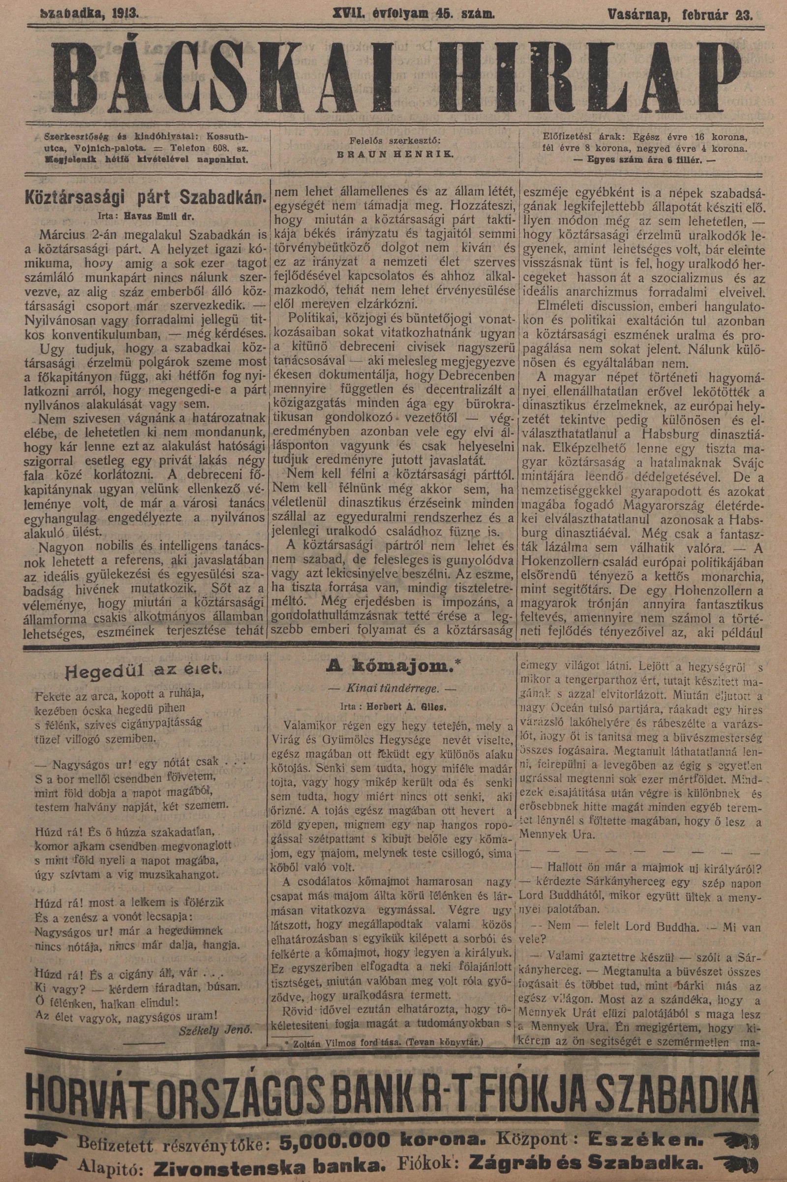 Bácskai Hirlap, 17. évf. 1913. február 23. 45. sz.