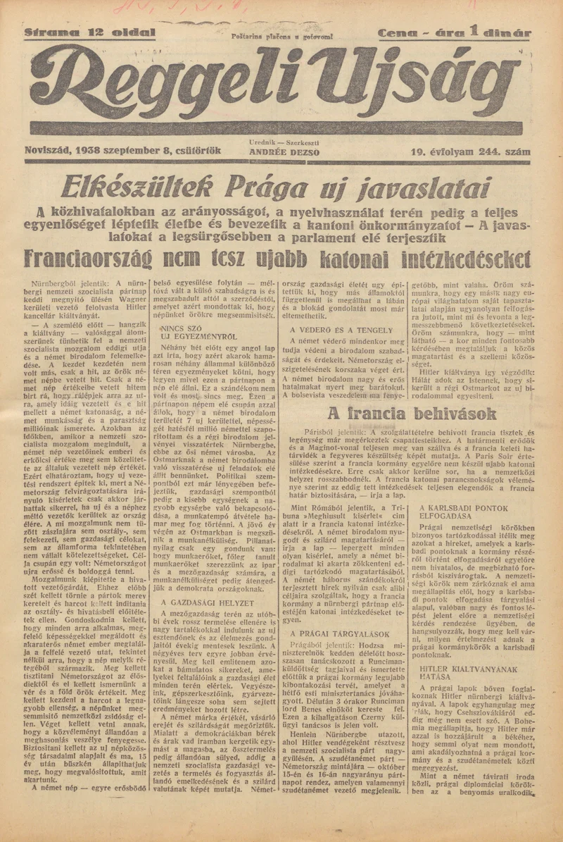 Reggeli Újság, 19. évf. 1938. szeptember 8. 244. sz.