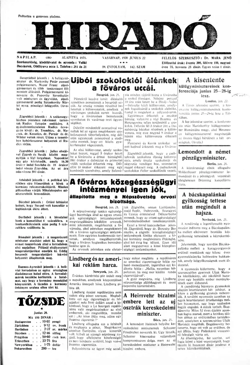 Híradó, 59. évf. 1930. június 22. 142. sz.