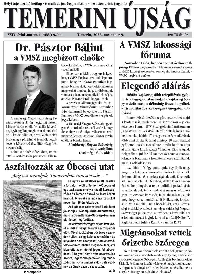 Temerini Újság, 29. évf. 2023. november 9. 44. sz.