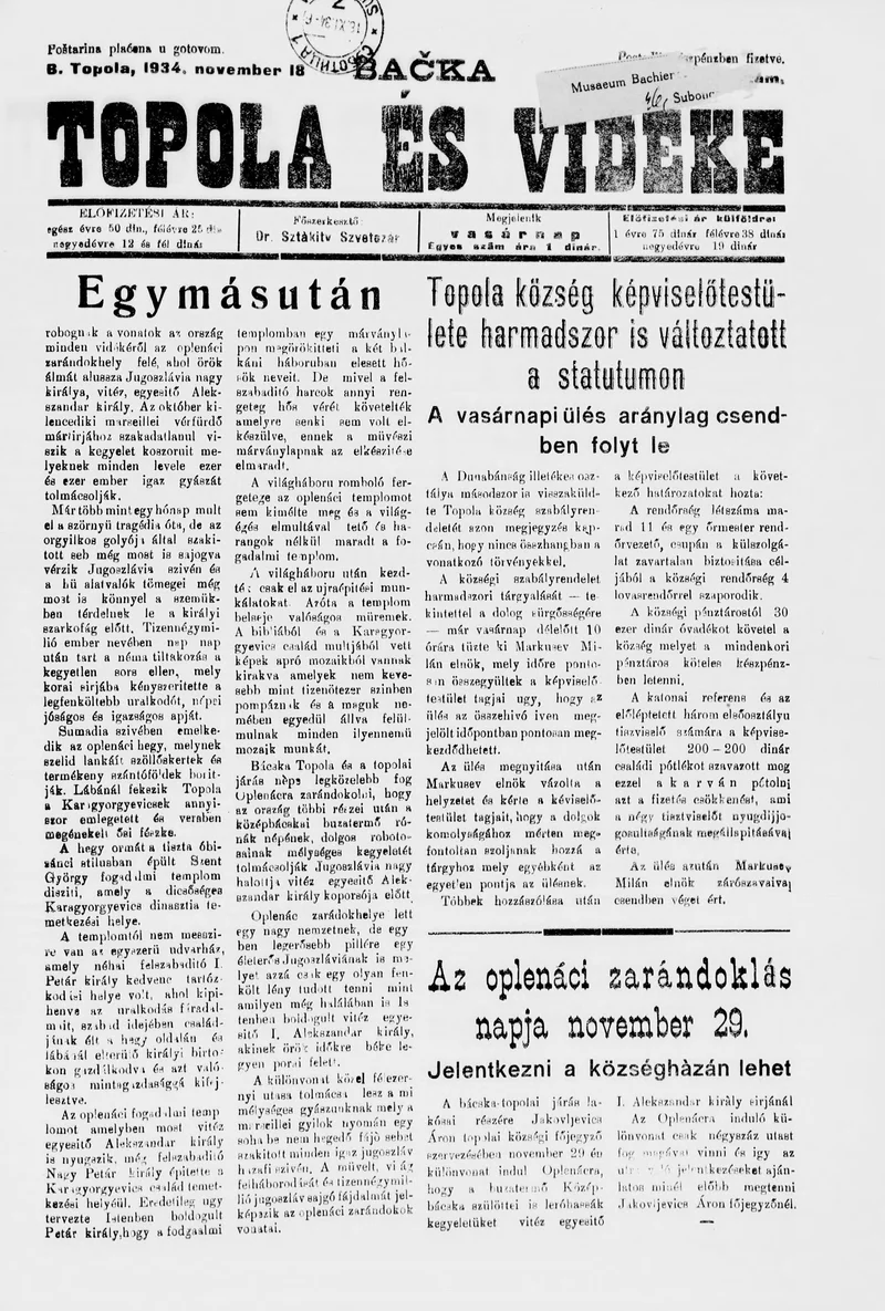 Bačka Topola és Vidéke, 11. évf. 1934. november 18. 46. sz.