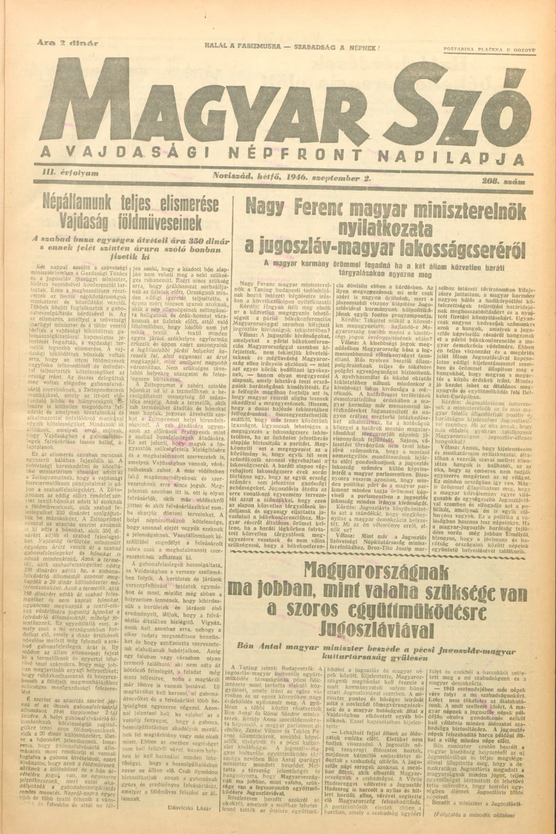 Magyar Szó, 3. évf. 1946. szeptember 2. 208. sz. 1–6. oldal