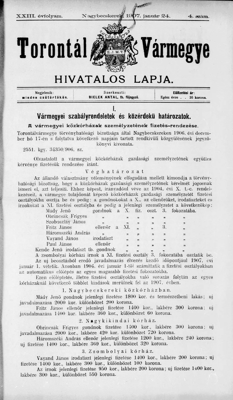 Torontál Vármegye Hivatalos Lapja, 23. évf. 1907. január 24. 4. sz.