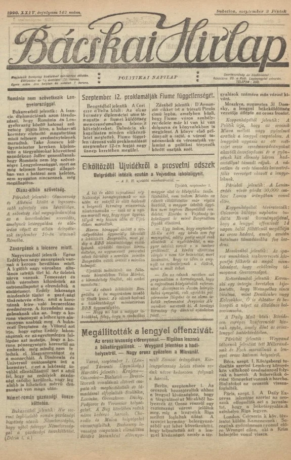 Bácskai Hirlap, 24. évf. 1920. szeptember 3. 142. sz.