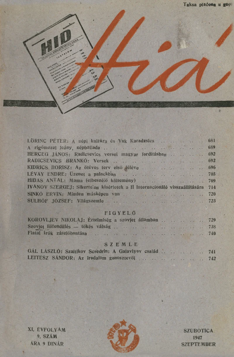 Híd, 11. évf. 1947. szeptember. 9. sz. 681–744. oldal
