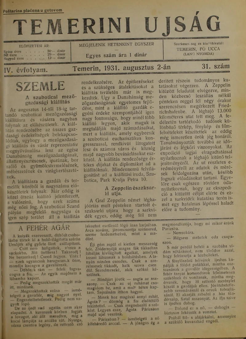 Temerini Újság 1928-1944, 4. évf. 1931. augusztus 2. 31. sz.