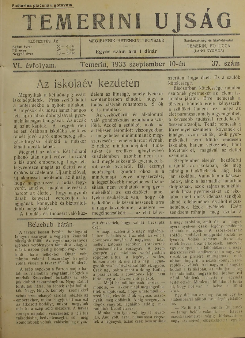 Temerini Újság 1928-1944, 6. évf. 1933. szeptember 10. 37. sz.