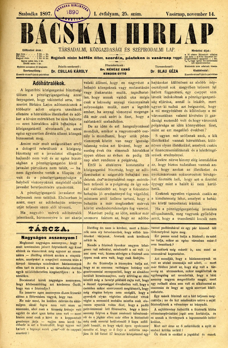 Bácskai Hirlap, 1. évf. 1897. november 14. 25. sz. 1–4. oldal