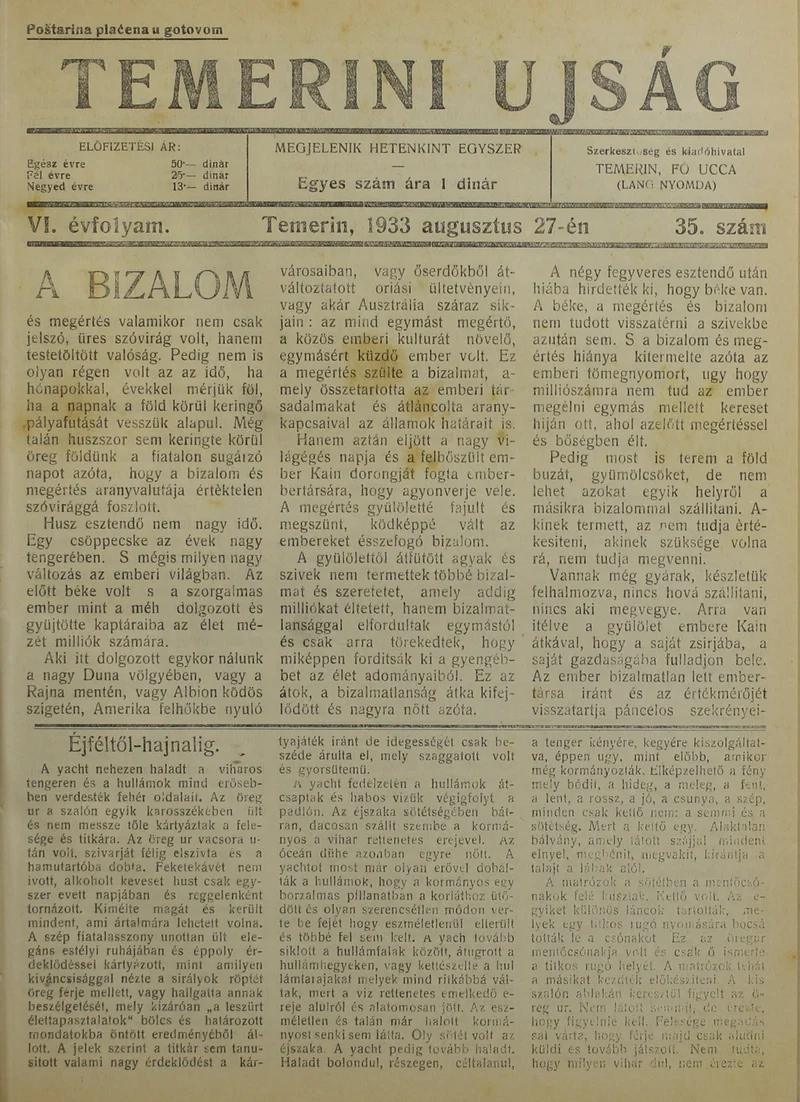 Temerini Újság 1928-1944, 6. évf. 1933. augusztus 27. 35. sz.