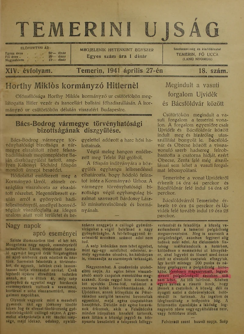Temerini Újság 1928-1944, 14. évf. 1941. április 27. 18. sz.