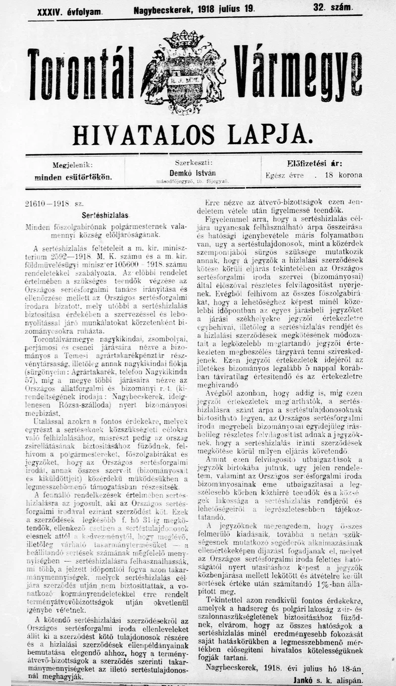 Torontál Vármegye Hivatalos Lapja, 34. évf. 1918. július 19. 32. sz.