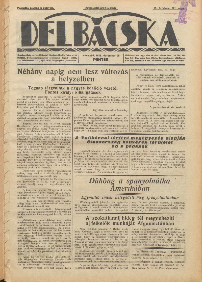 Délbácska, 9. évf. 1928. december 28. 301. sz.