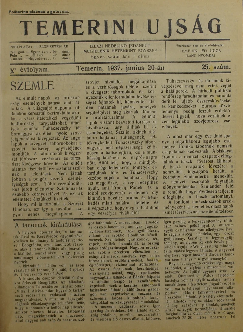 Temerini Újság 1928-1944, 10. évf. 1937. június 20. 25. sz.
