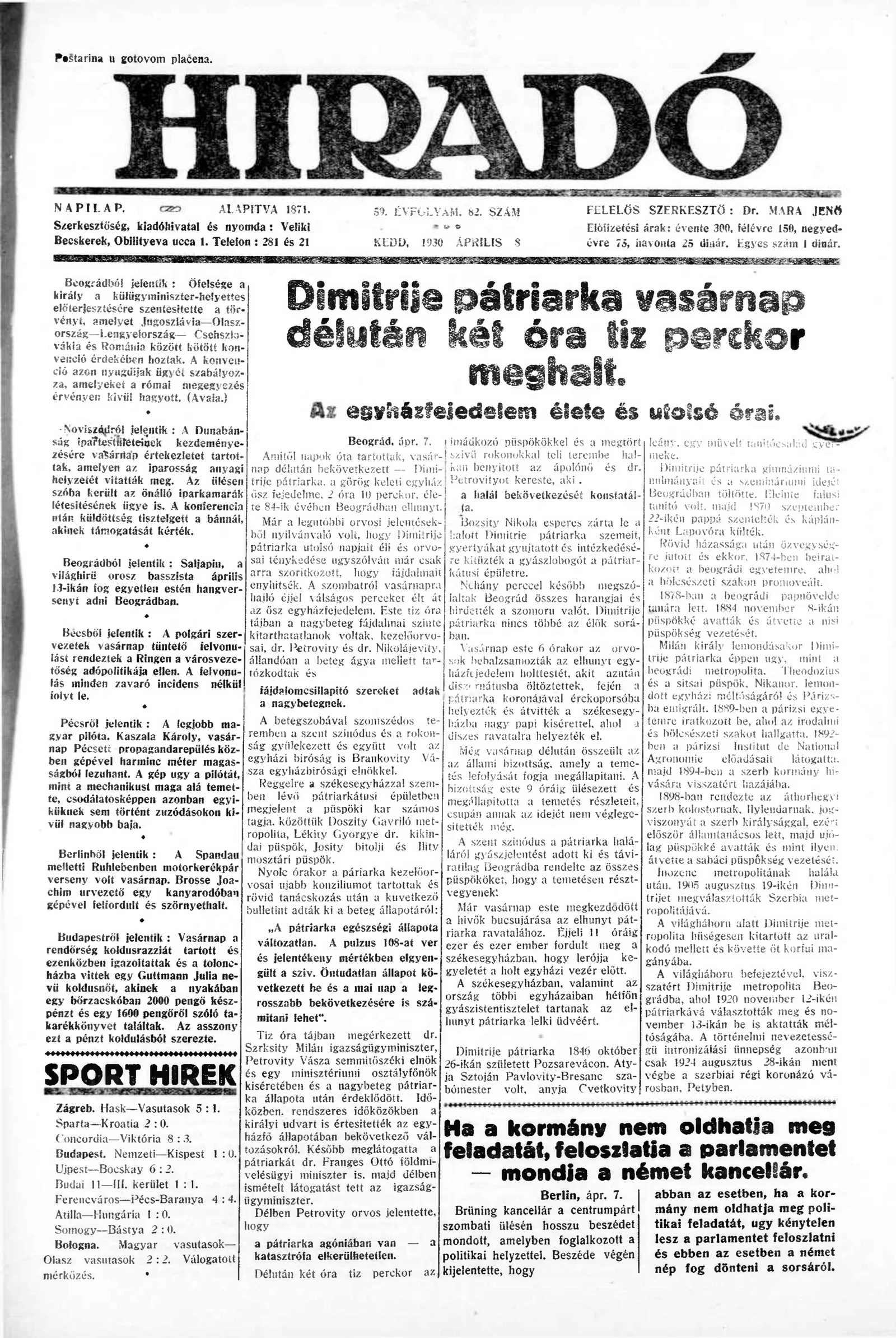 Híradó, 59. évf. 1930. április 8. 82. sz.