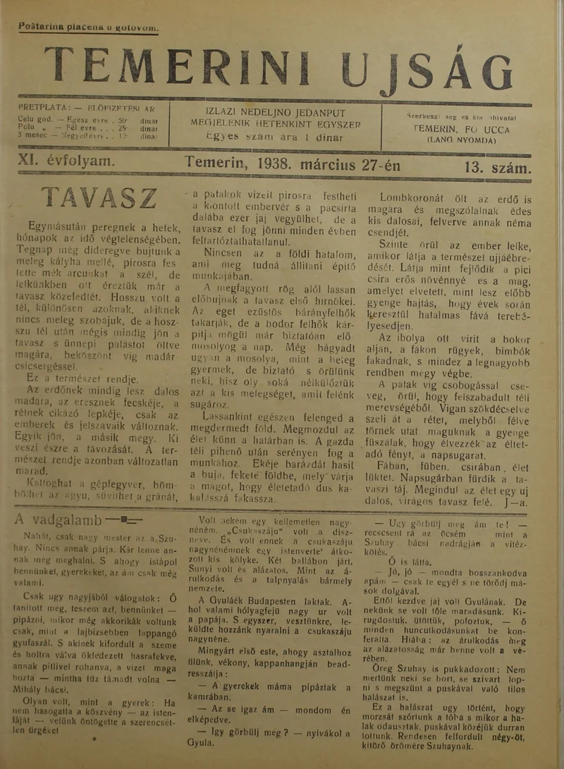 Temerini Újság 1928-1944, 11. évf. 1938. március 27. 13. sz.