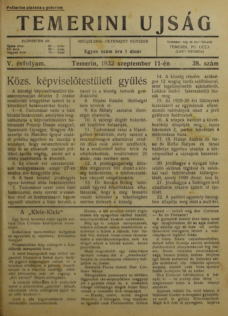 Temerini Újság 1928-1944, 5. évf. 1932. szeptember 11. 38. sz.