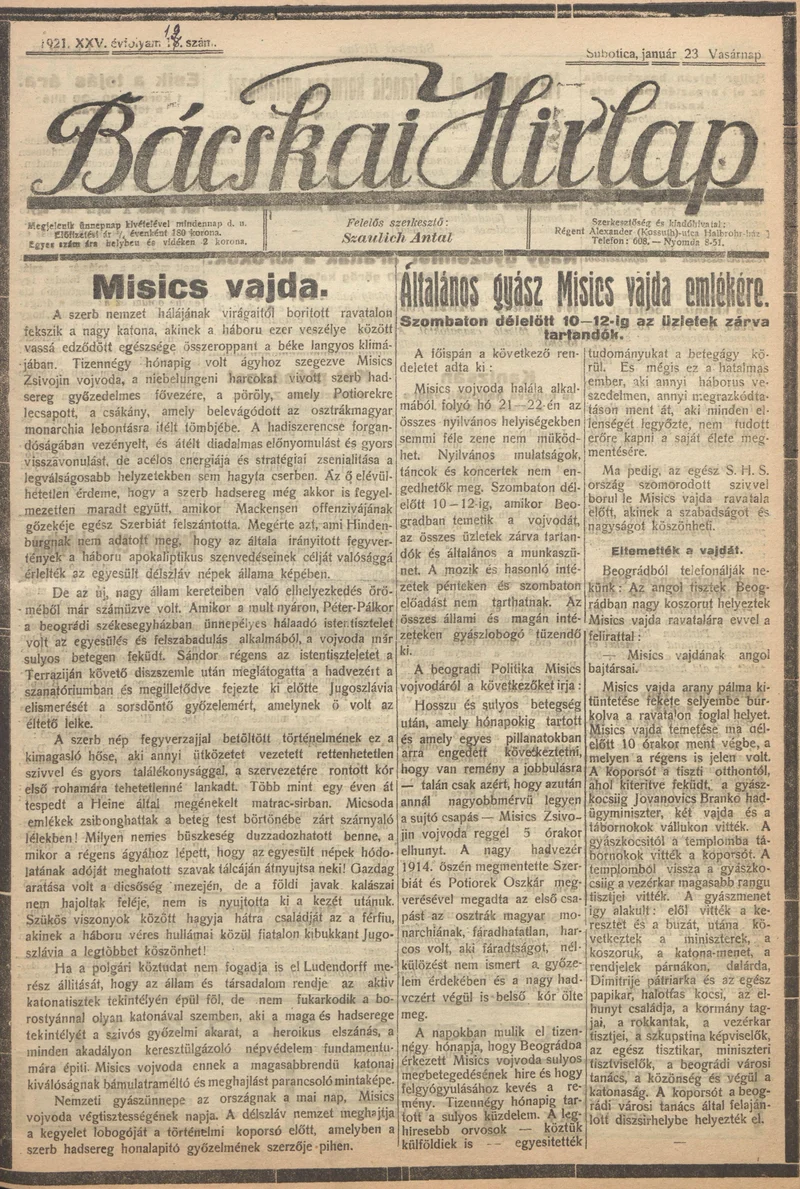 Bácskai Hirlap, 25. évf. 1921. január 23. 19. sz.