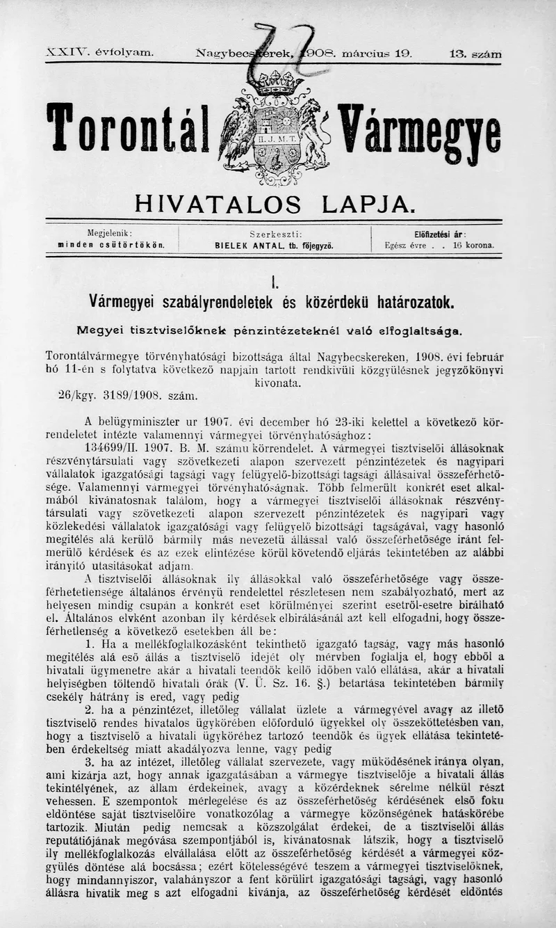 Torontál Vármegye Hivatalos Lapja, 24. évf. 1908. március 19. 13. sz.
