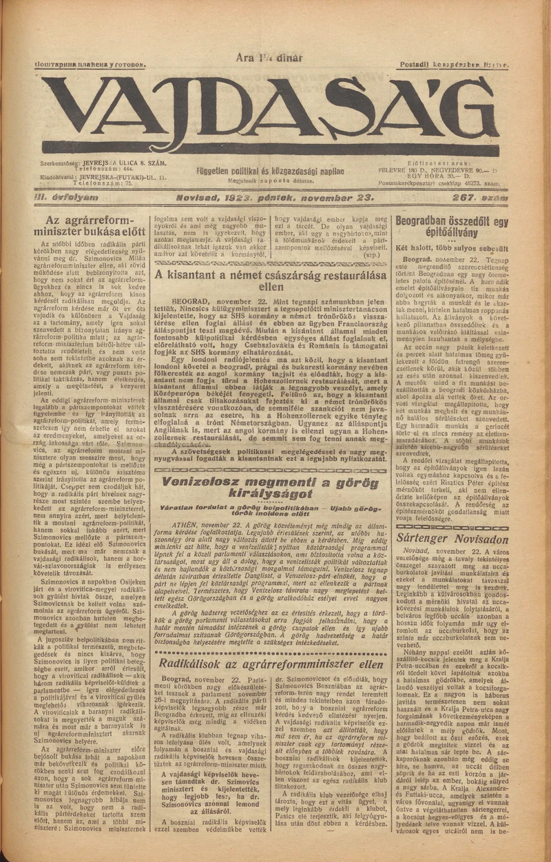 Vajdaság, 3. évf. 1923. november 23. 267. sz.