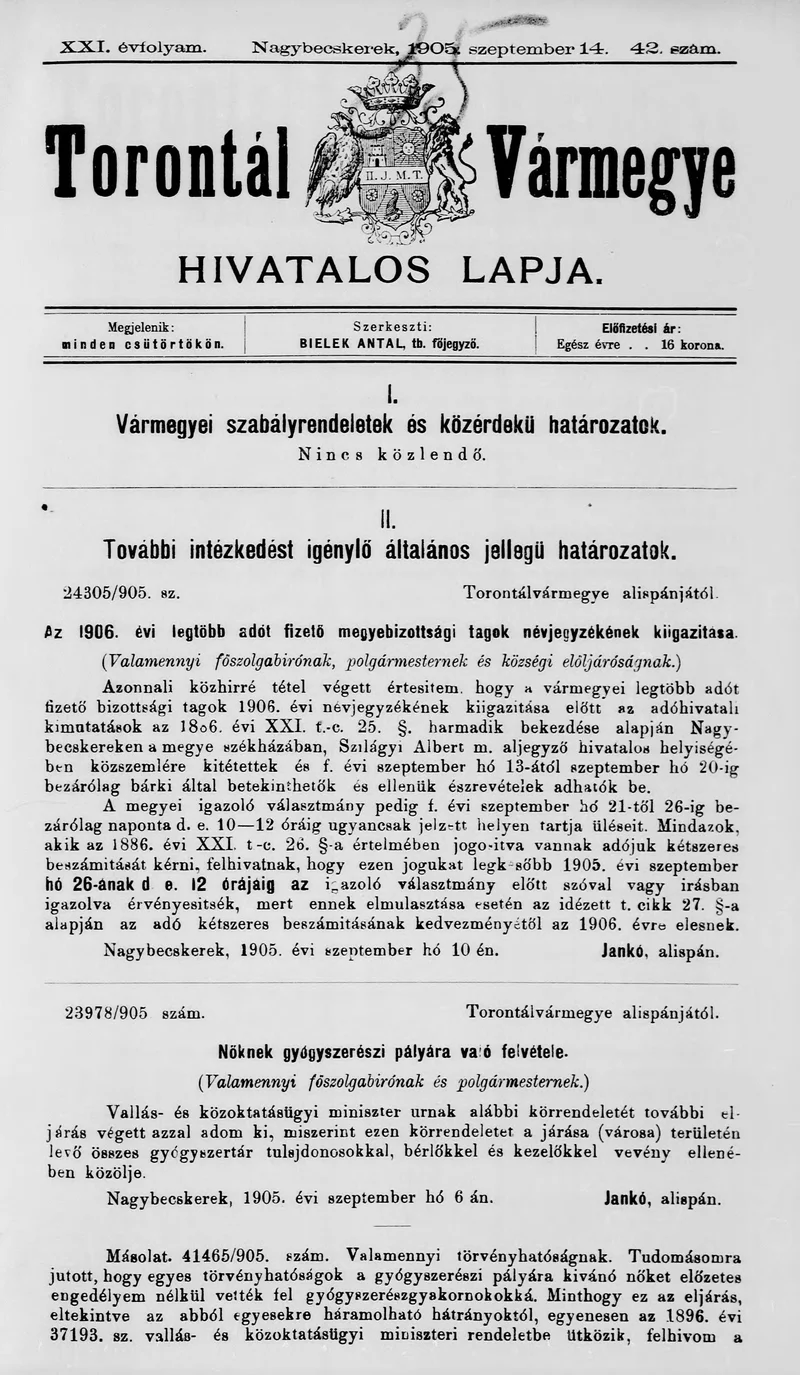 Torontál Vármegye Hivatalos Lapja, 21. évf. 1905. szeptember 14. 42. sz.
