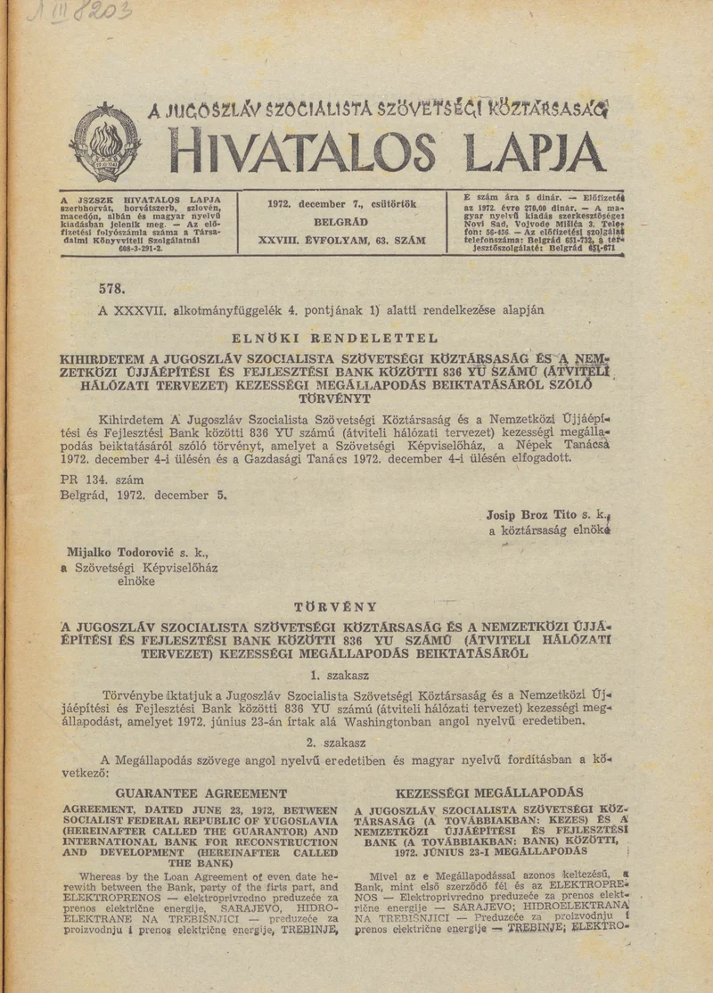 A Jugoszláv Szocialista Szövetségi Köztársaság Hivatalos Lapja, 28. évf. 1972. december 7. 63. sz. 1153–1192. oldal