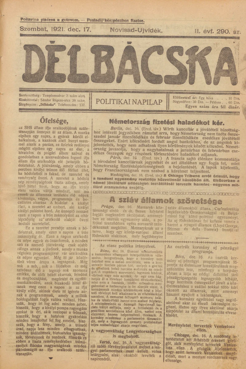 Délbácska, 2. évf. 1921. december 17. 290. sz.