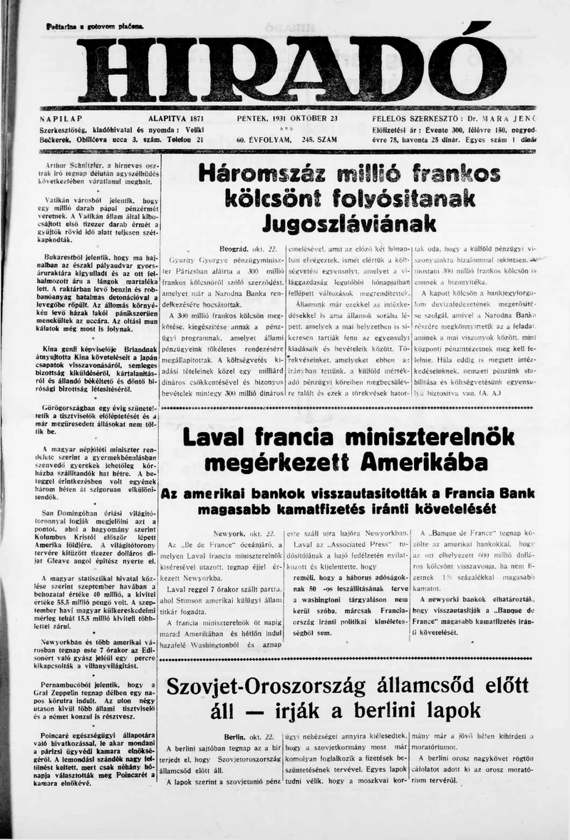 Híradó, 60. évf. 1931. október 23. 245. sz.