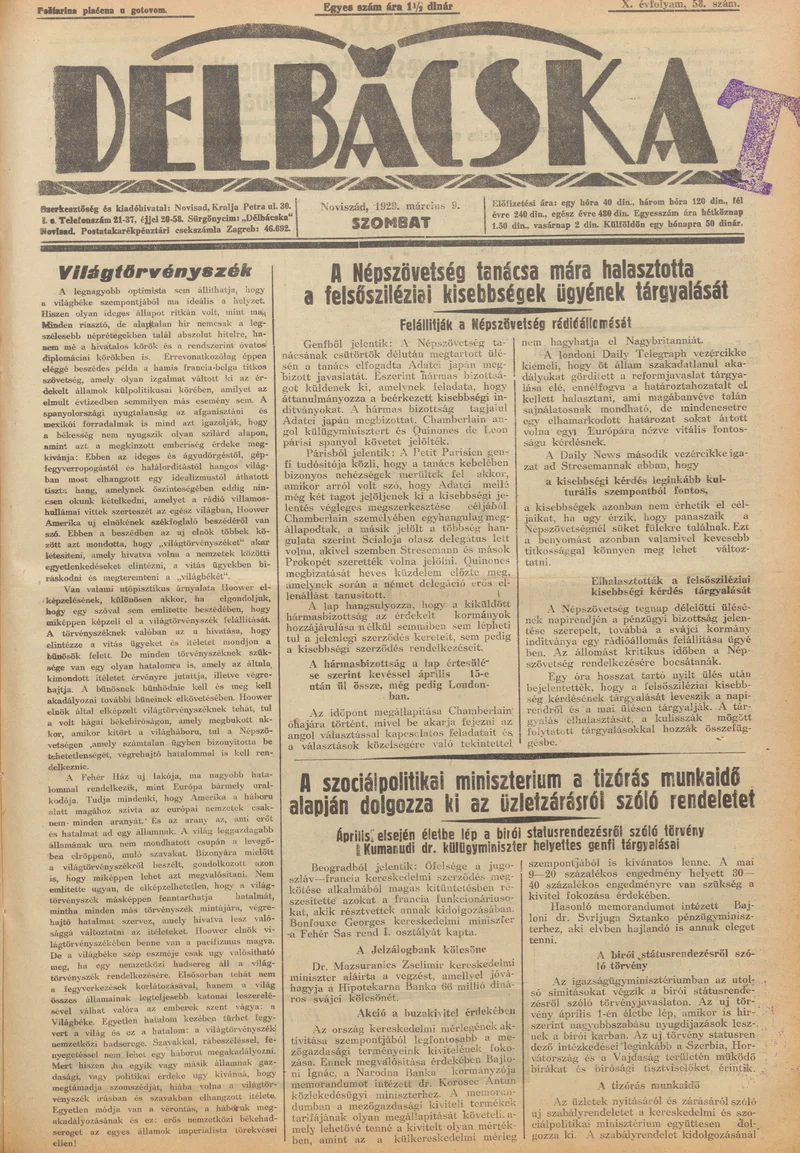 Délbácska, 10. évf. 1929. március 9. 58. sz.