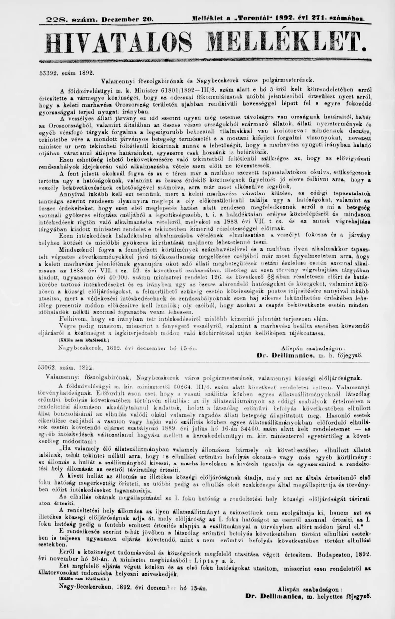 A Totontál  hivatalos melléklete, 5. évf. 1892. december 20. 228. sz.