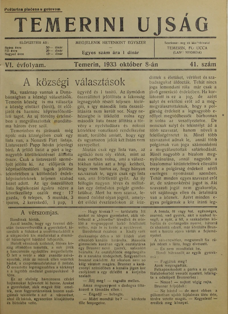 Temerini Újság 1928-1944, 6. évf. 1933. október 8. 41. sz.