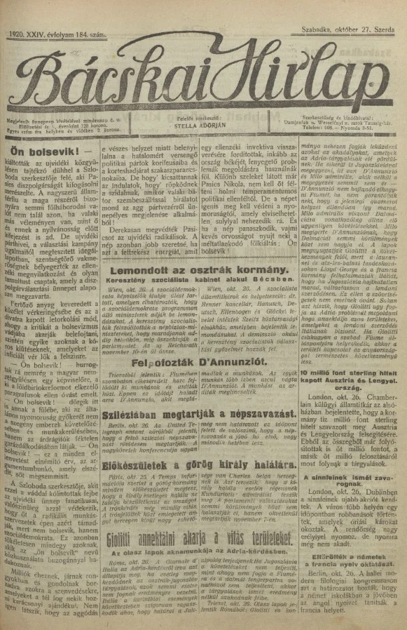 Bácskai Hirlap, 24. évf. 1920. október 27. 184. sz.
