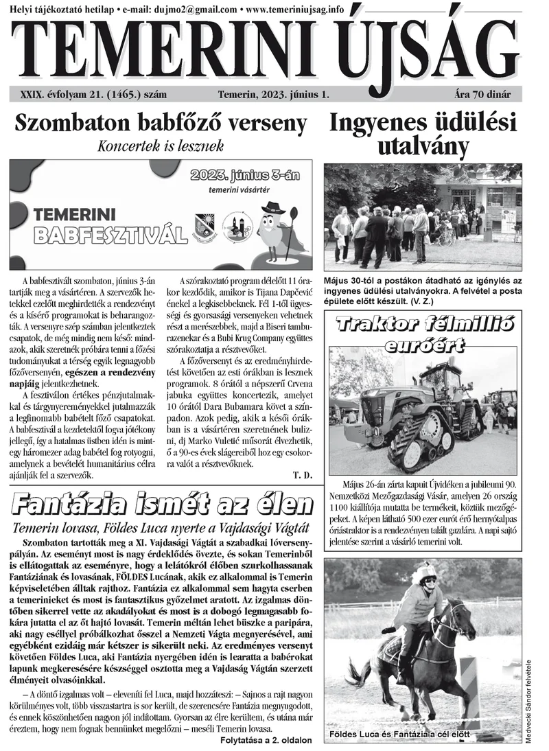Temerini Újság, 29. évf. 2023. június 1. 21. sz.