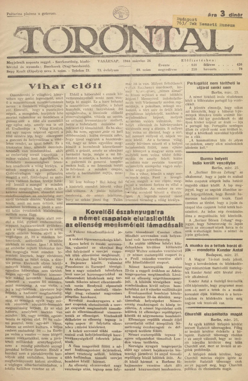 Torontál, 73. évf. 1944. március 26. 69. sz.