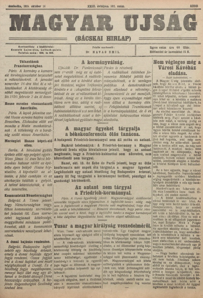 Bácskai Hirlap, 23. évf. 1919. október 14. 102. sz.