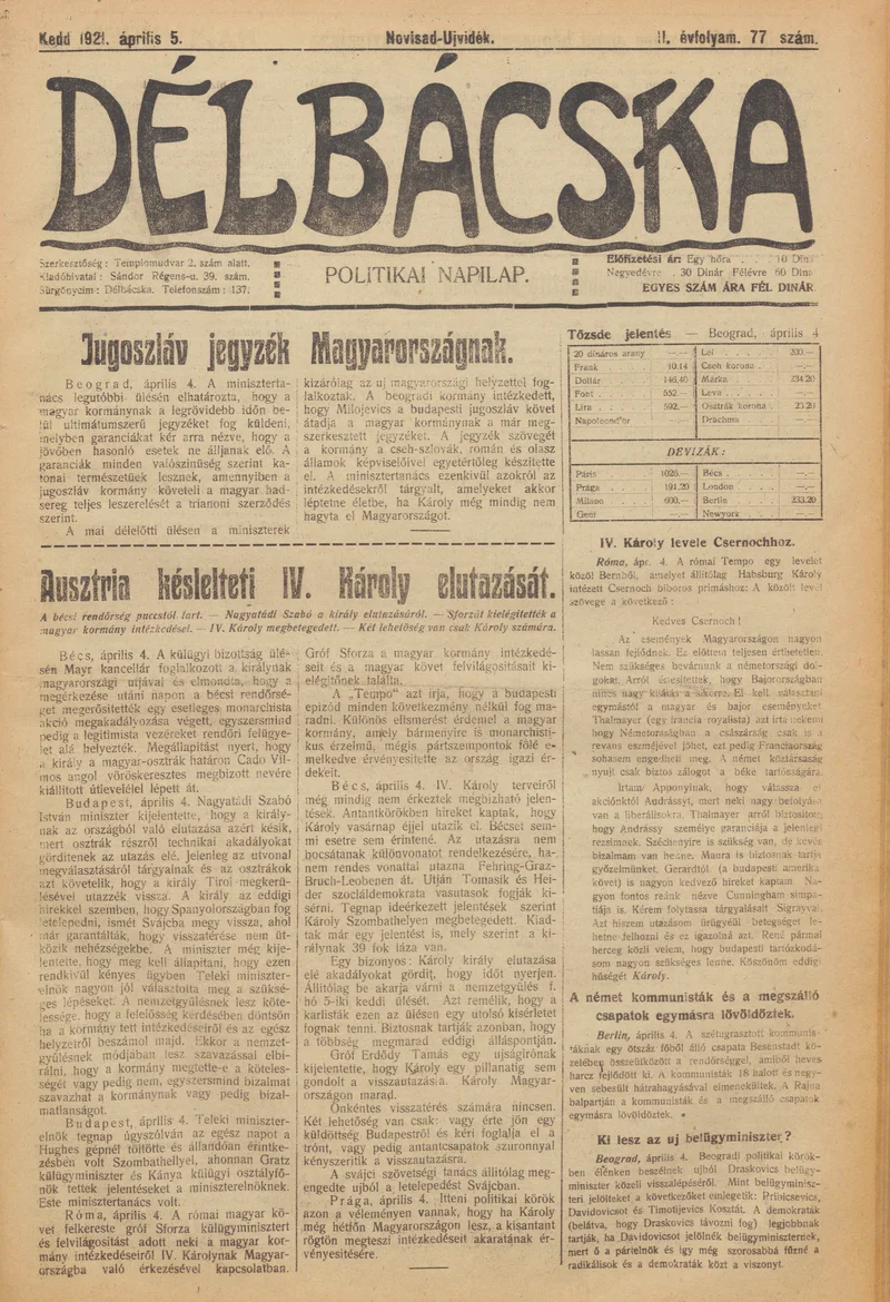 Délbácska, 2. évf. 1921. április 5. 77. sz.