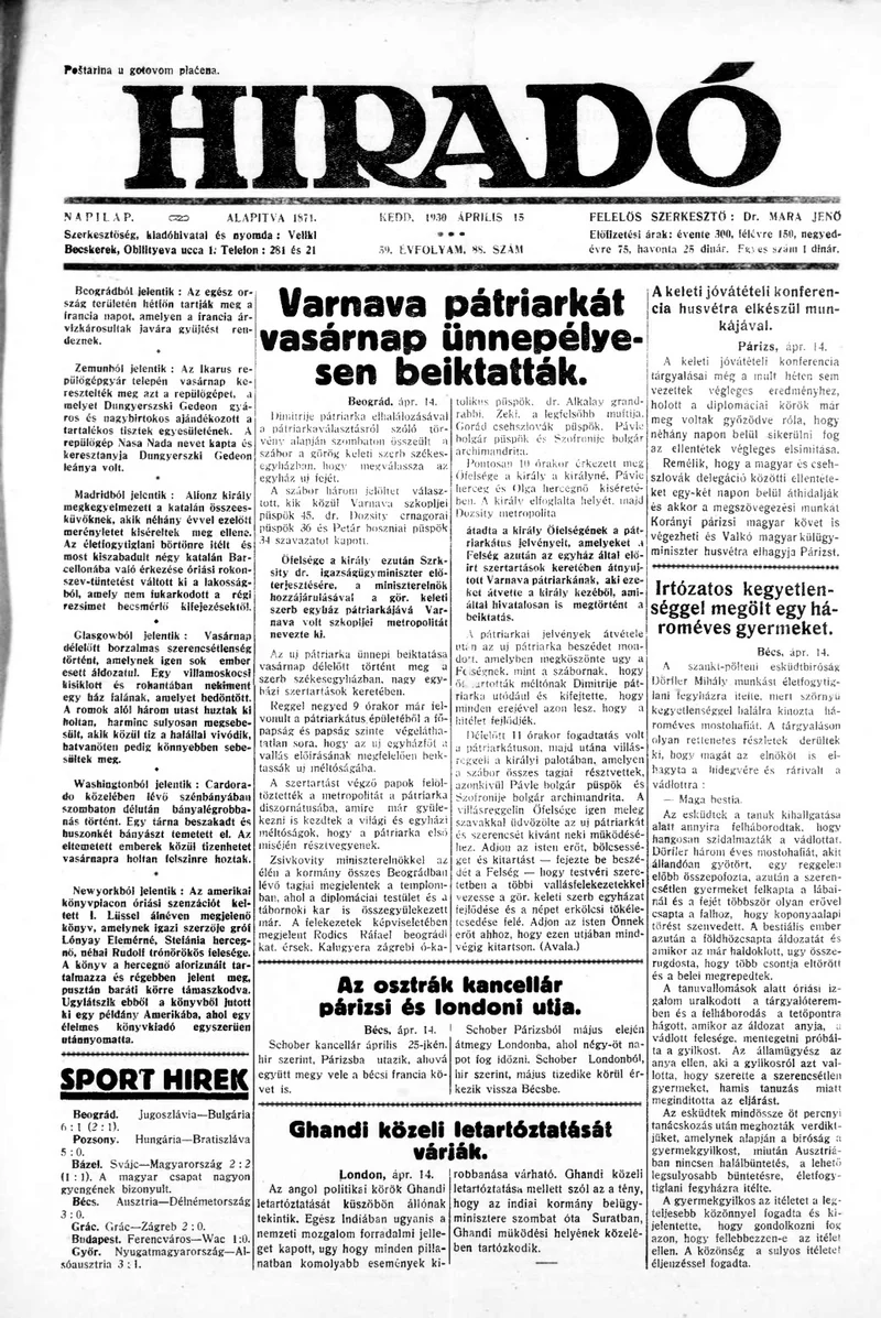 Híradó, 59. évf. 1930. április 15. 88. sz.