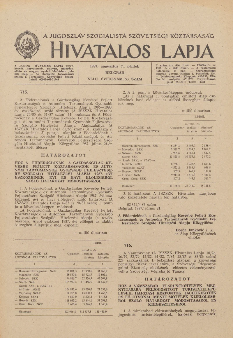A Jugoszláv Szocialista Szövetségi Köztársaság Hivatalos Lapja, 43. évf. 1987. augusztus 7. 53. sz. 1305–1344. oldal