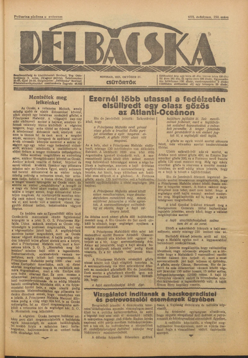Délbácska, 8. évf. 1927. október 27. 250. sz.