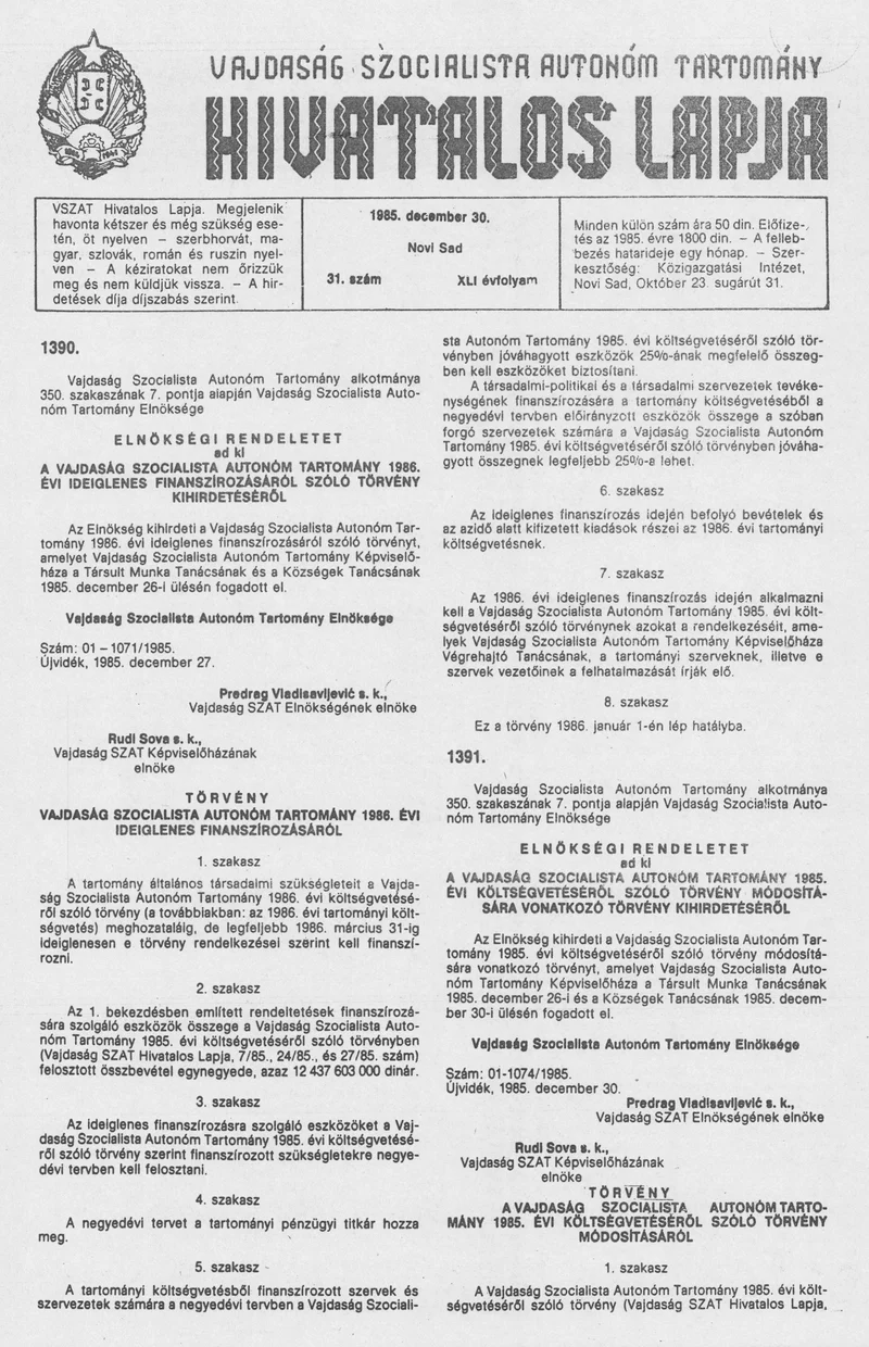 Vajdaság Szocialista Autonóm Tartomány Hivatalos Lapja, 41. évf. 1985. december 30. 31. sz.