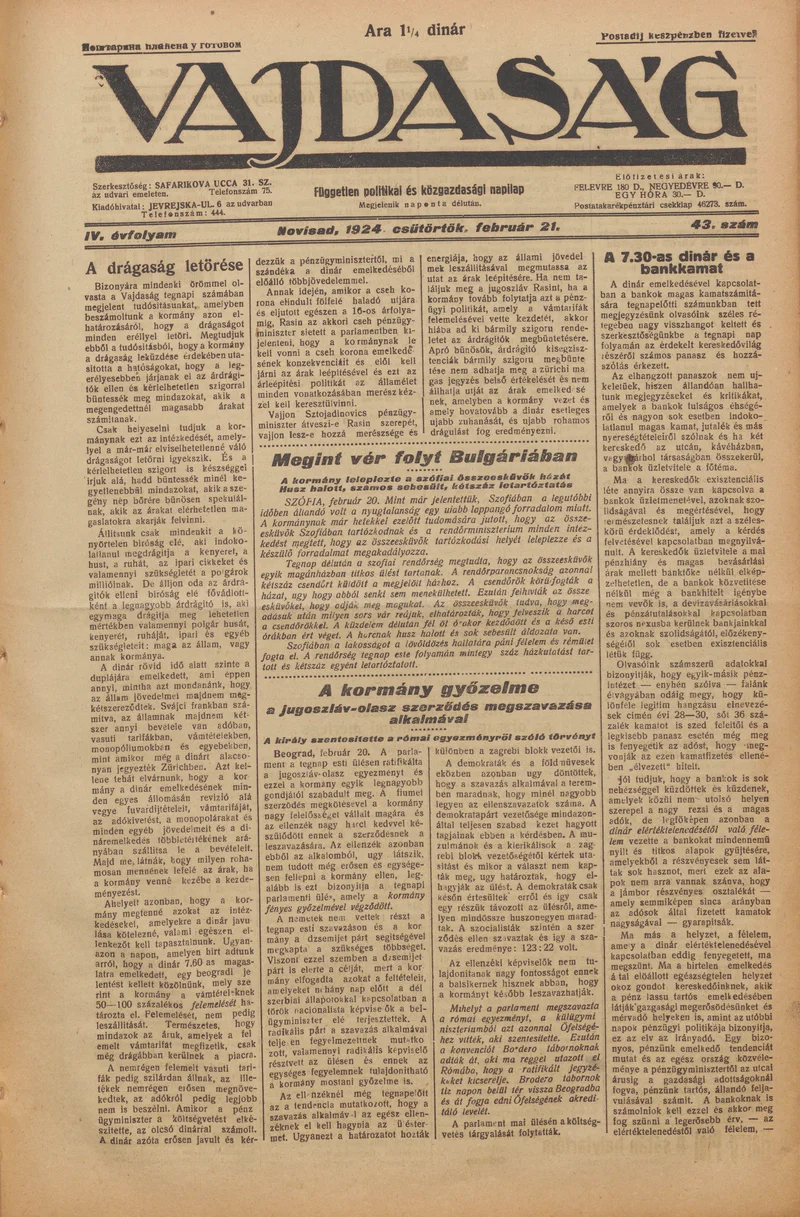 Vajdaság, 4. évf. 1924. február 21. 43. sz.