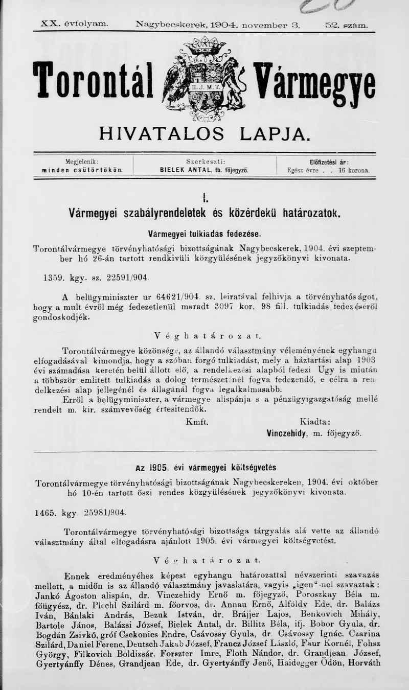 Torontál Vármegye Hivatalos Lapja, 20. évf. 1904. november 3. 52. sz.