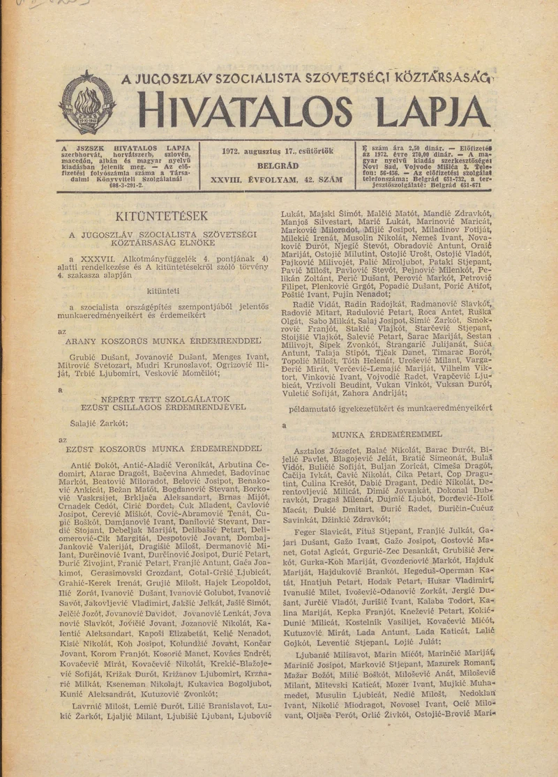A Jugoszláv Szocialista Szövetségi Köztársaság Hivatalos Lapja, 28. évf. 1972. augusztus 17. 42. sz. 861–864. oldal