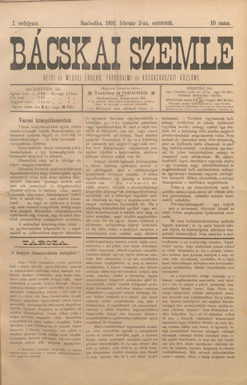 Bácskai Szemle, 1. évf. 1893. február 2. 10. sz.